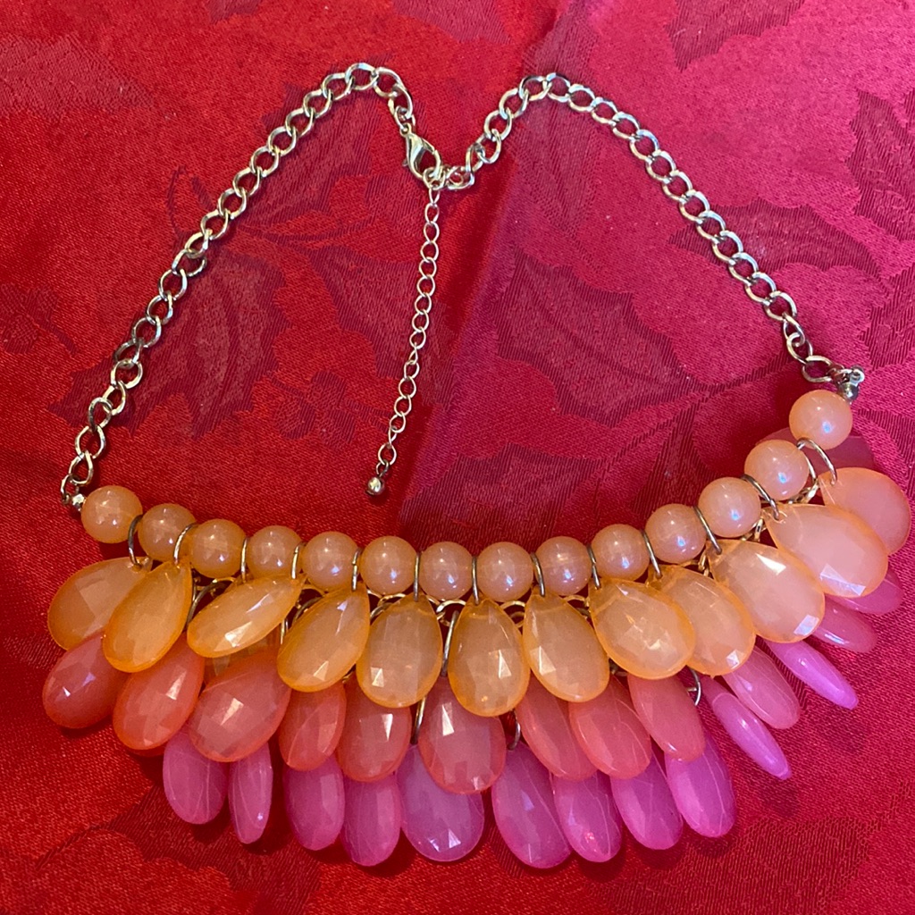 Vintage Teardrop Pink And Orange Faceted Beaded Cluster Statement Necklace